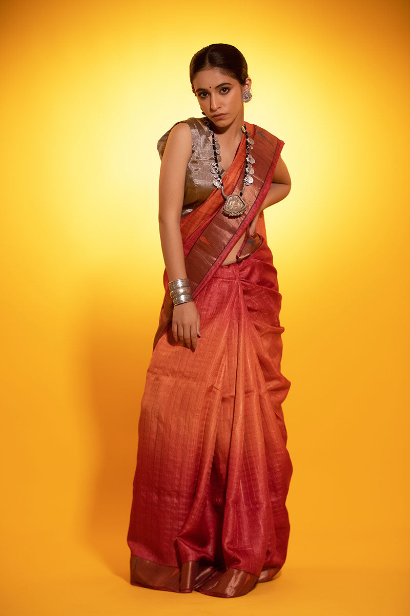 Coral Red Paithani Woven Tussar Silk Saree