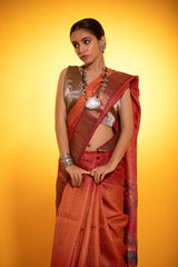 Coral Red Paithani Woven Tussar Silk Saree