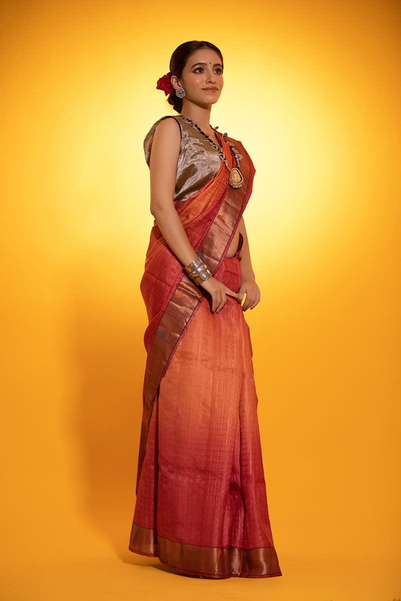 Coral Red Paithani Woven Tussar Silk Saree
