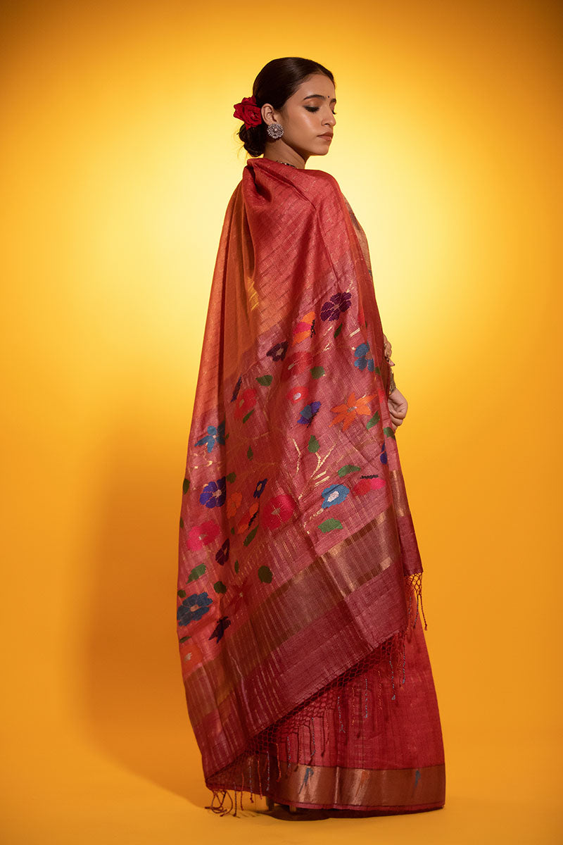 Coral Red Paithani Woven Tussar Silk Saree