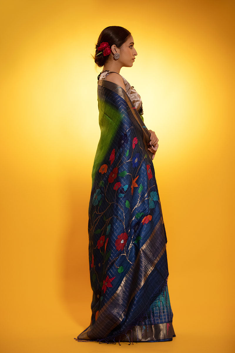 Peacock Blue Paithani Woven Tussar Silk Saree - Chinaya Banaras