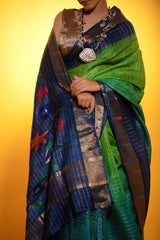 Peacock Blue Paithani Woven Tussar Silk Saree - Chinaya Banaras