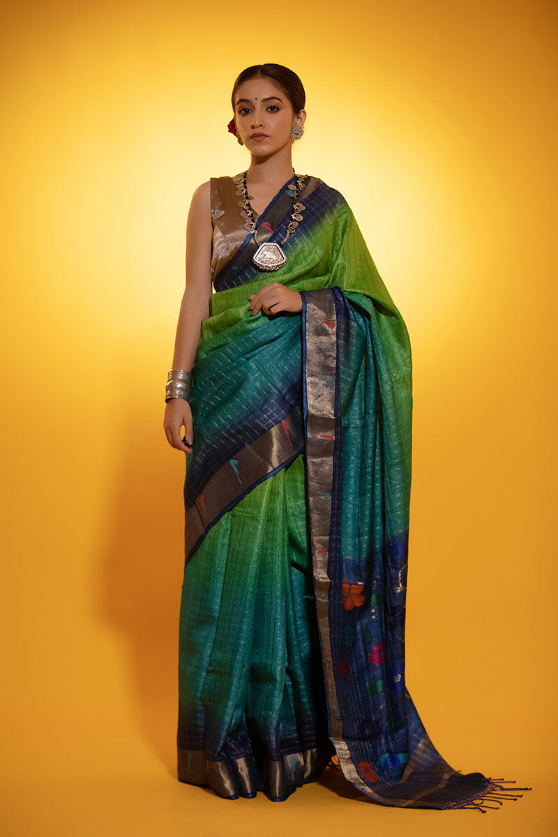 Peacock Blue Paithani Woven Tussar Silk Saree