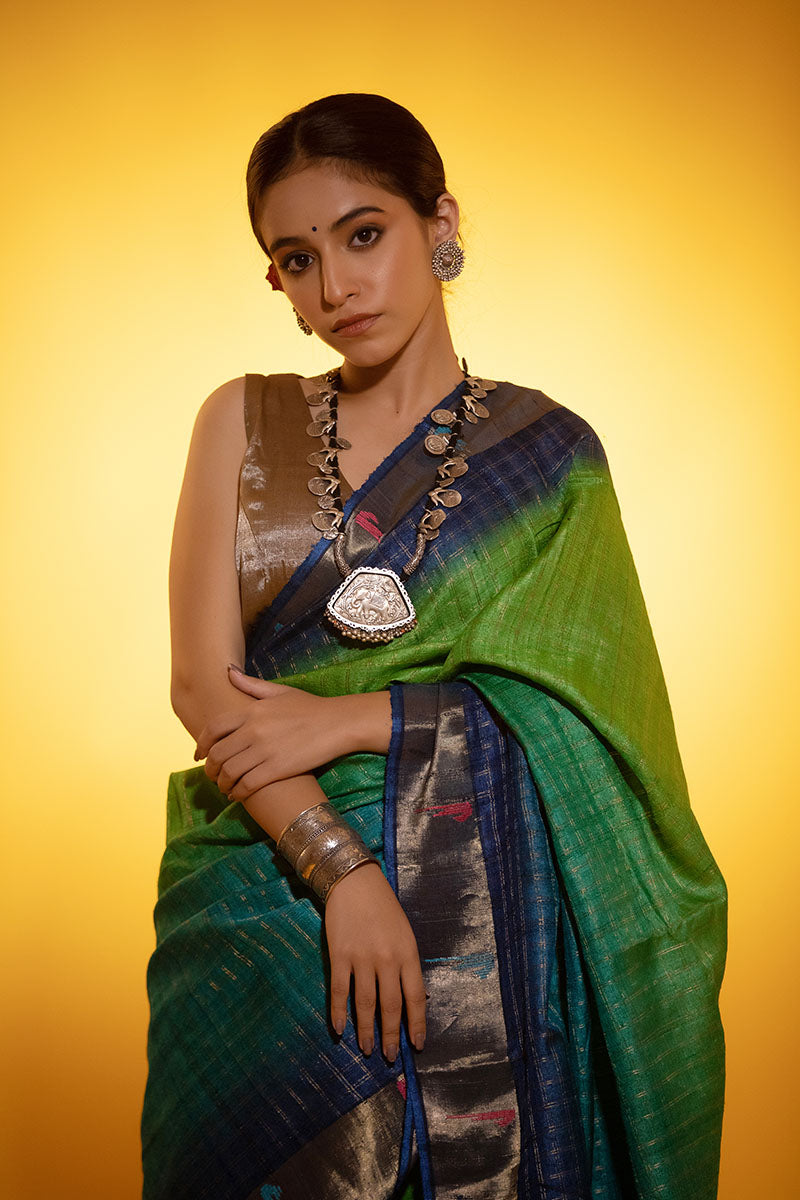 Peacock Blue Paithani Woven Tussar Silk Saree