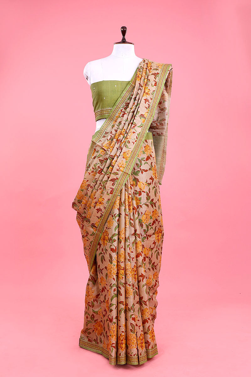 Beige Embellished Tussar Silk Saree