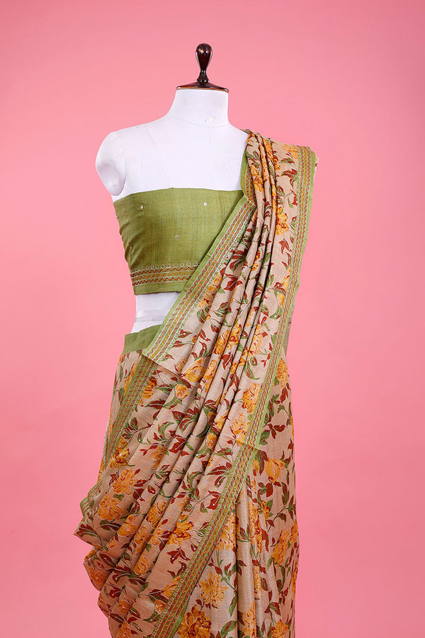 Beige Embellished Tussar Silk Saree - Chinaya Banaras