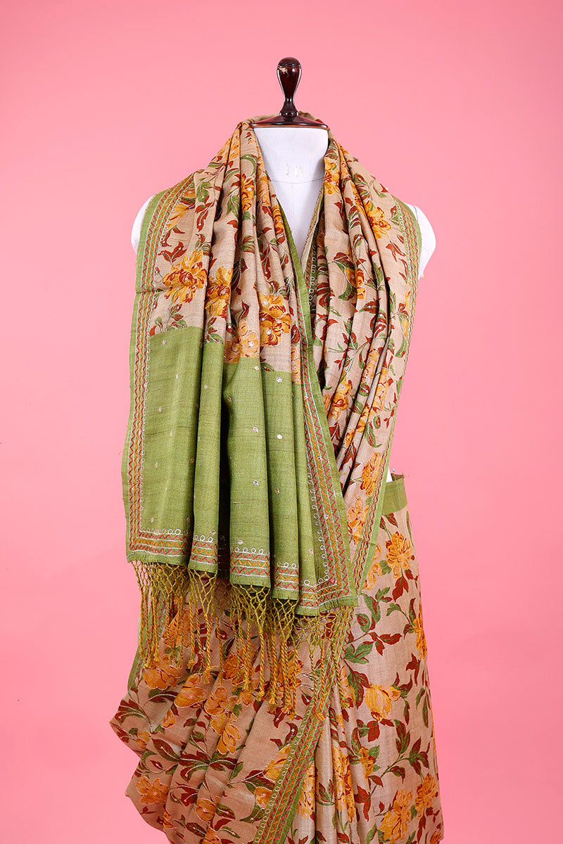 Beige Embellished Tussar Silk Saree