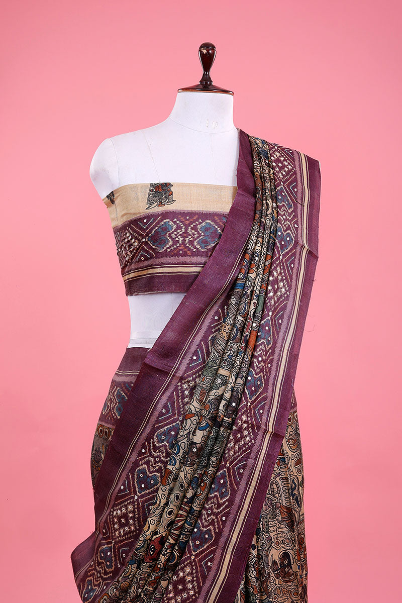 Dusty Purple Embellished Tussar Silk Saree