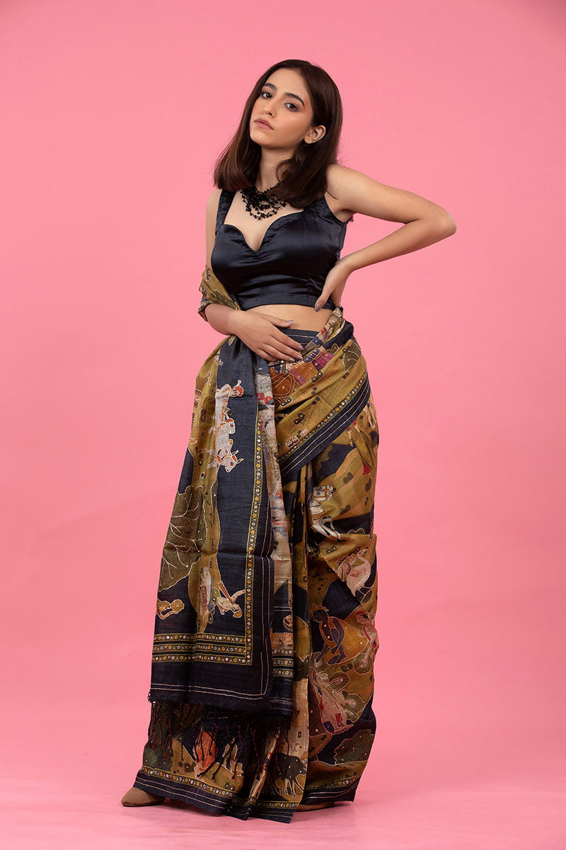 Black Embellished Tussar Silk Saree