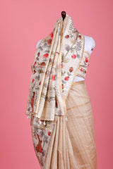 Beige Handpainted Tussar Silk Saree - Chinaya Banaras