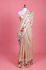 Beige Handpainted Tussar Silk Saree At Chinaya Banaras