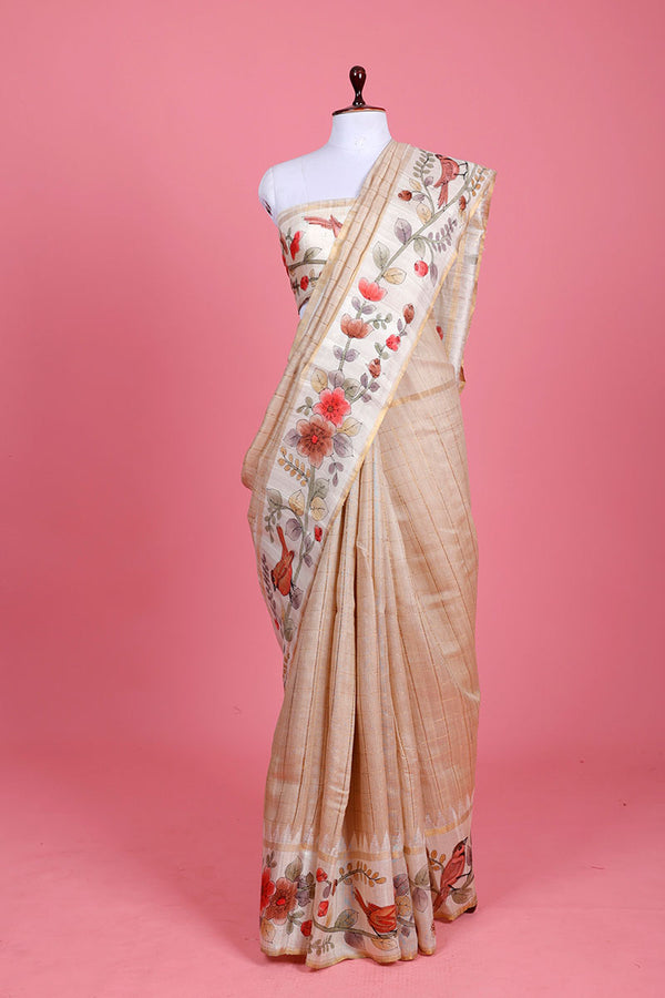 Beige Handpainted Tussar Silk Saree At Chinaya Banaras