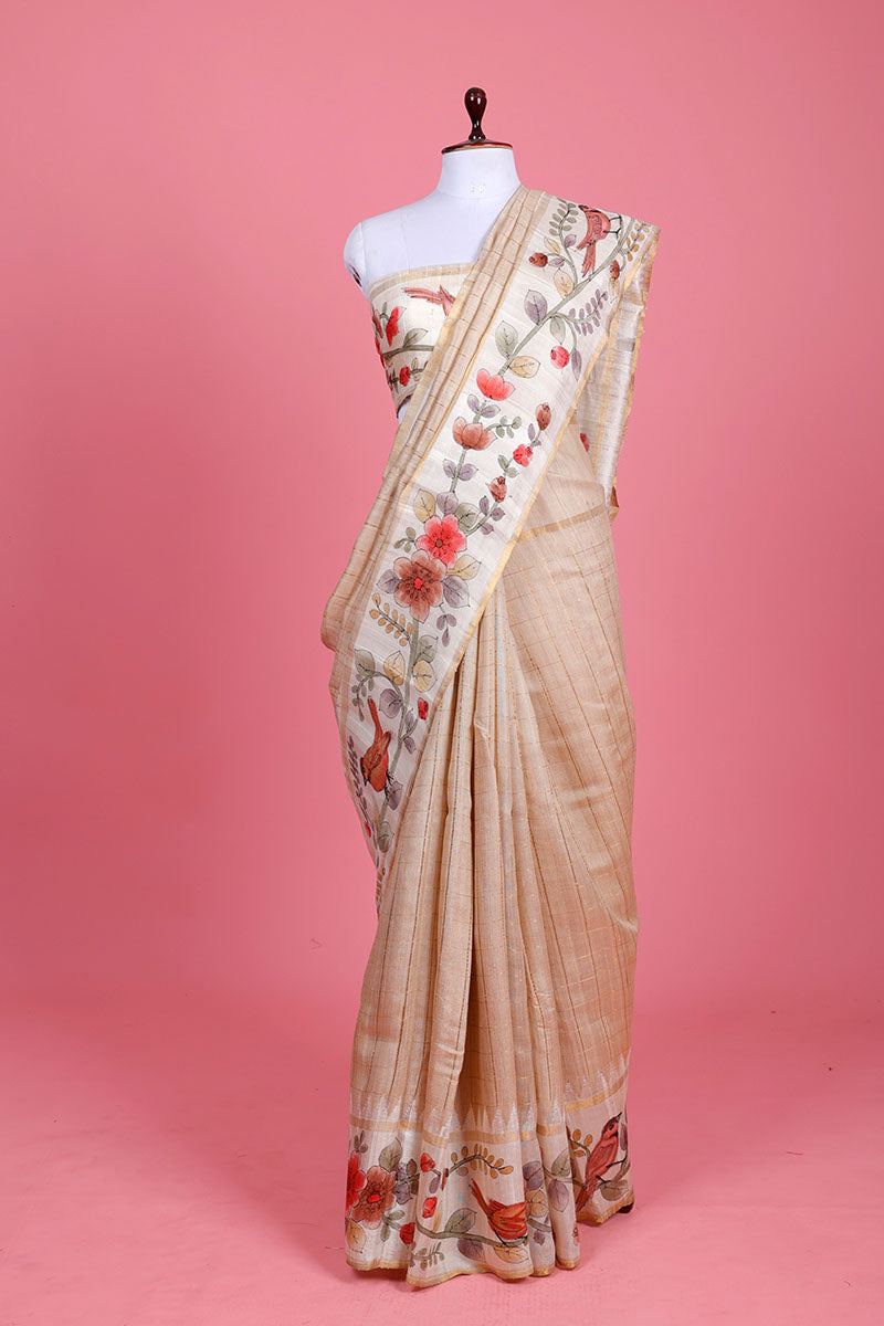 Beige Handpainted Tussar Silk Saree At Chinaya Banaras