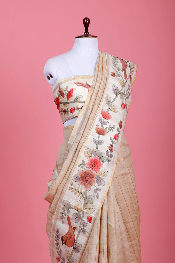 Beige Handpainted Tussar Silk Saree - Chinaya Banaras