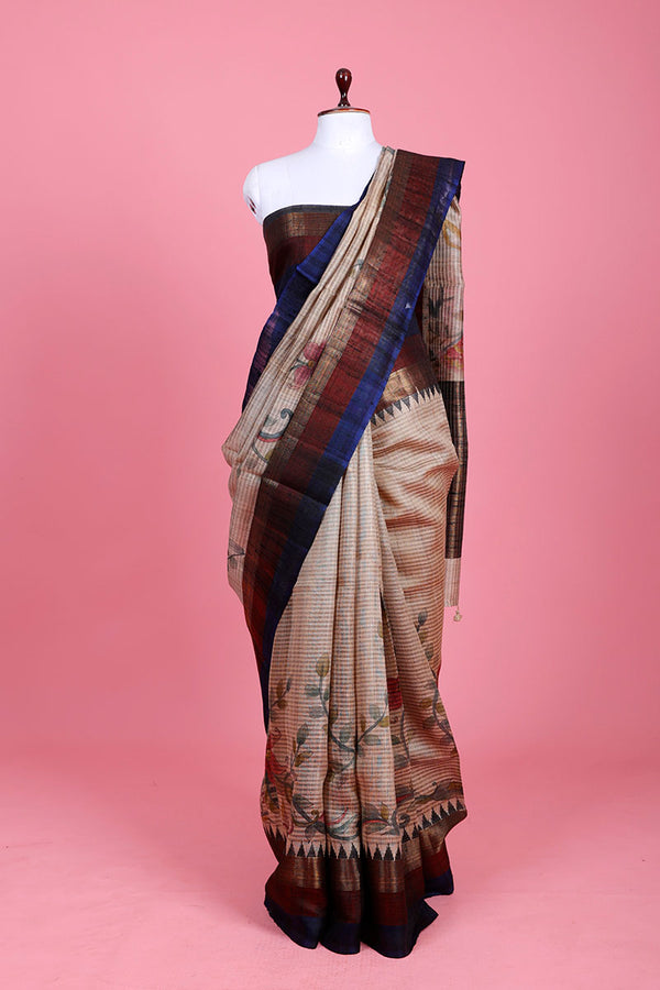 Beige & Navy Blue Handpainted Tussar Silk Saree At Chinaya Banaras