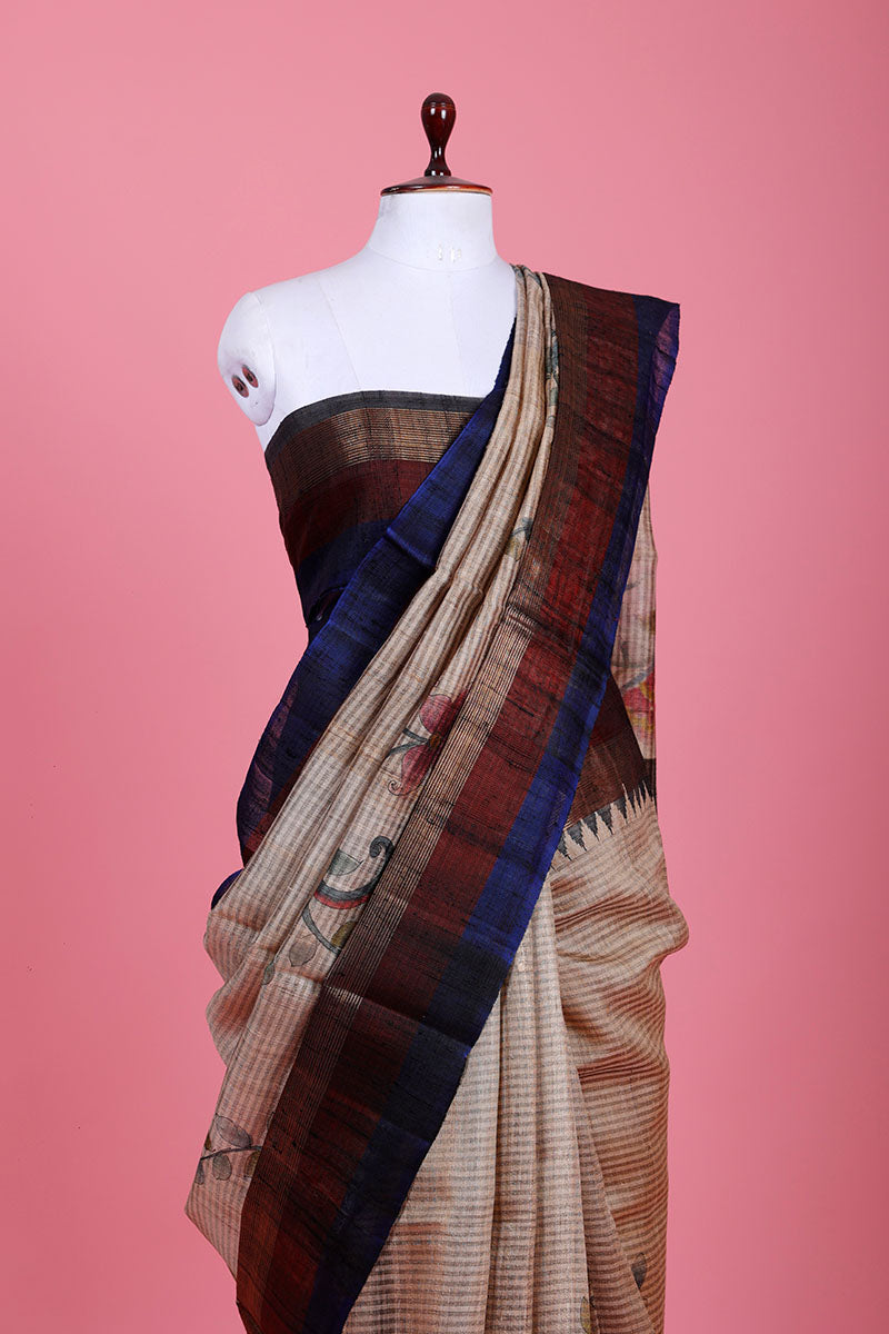 Beige & Navy Blue Handpainted Tussar Silk Saree - Chinaya Banaras