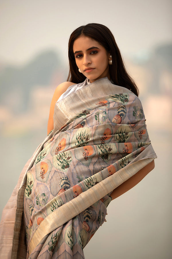 Ash Grey Coral Printed Tussar Silk Saree - Chinaya Banaras