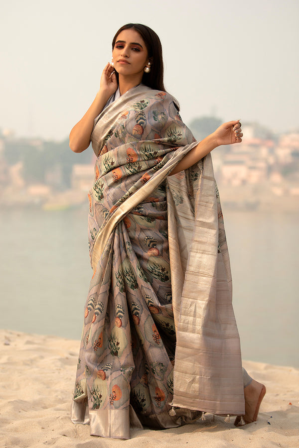 Women In Grey Printed Tussar Silk Saree At Chinaya Banaras
