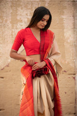 Off White & Red Handpainted Tussar Silk Saree - Chinaya Banaras