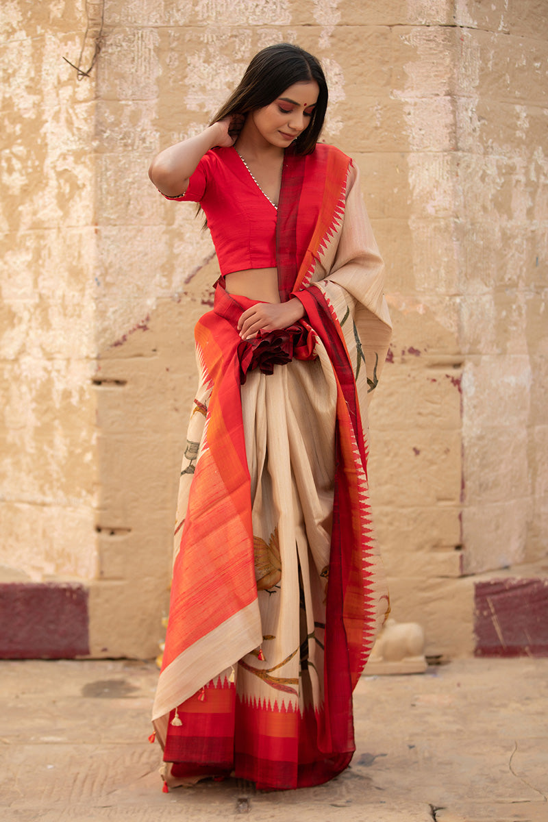 Off White & Red Handpainted Tussar Silk Saree - Chinaya Banaras