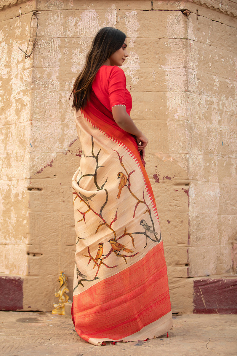 Off White & Red Handpainted Tussar Silk Saree - Chinaya Banaras