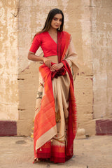 Women In White & Red Tussar Silk Saree At Chinaya Banaras