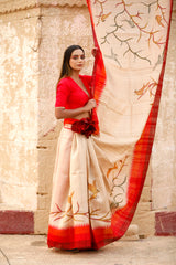 Women In White & Red Handpainted Tussar Silk Saree At Chinaya Banaras