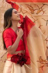 Women In White & Red Tussar Silk Saree At Chinaya Banaras