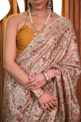 Tan Beige Embellished Tussar Silk Saree - Chinaya Banaras