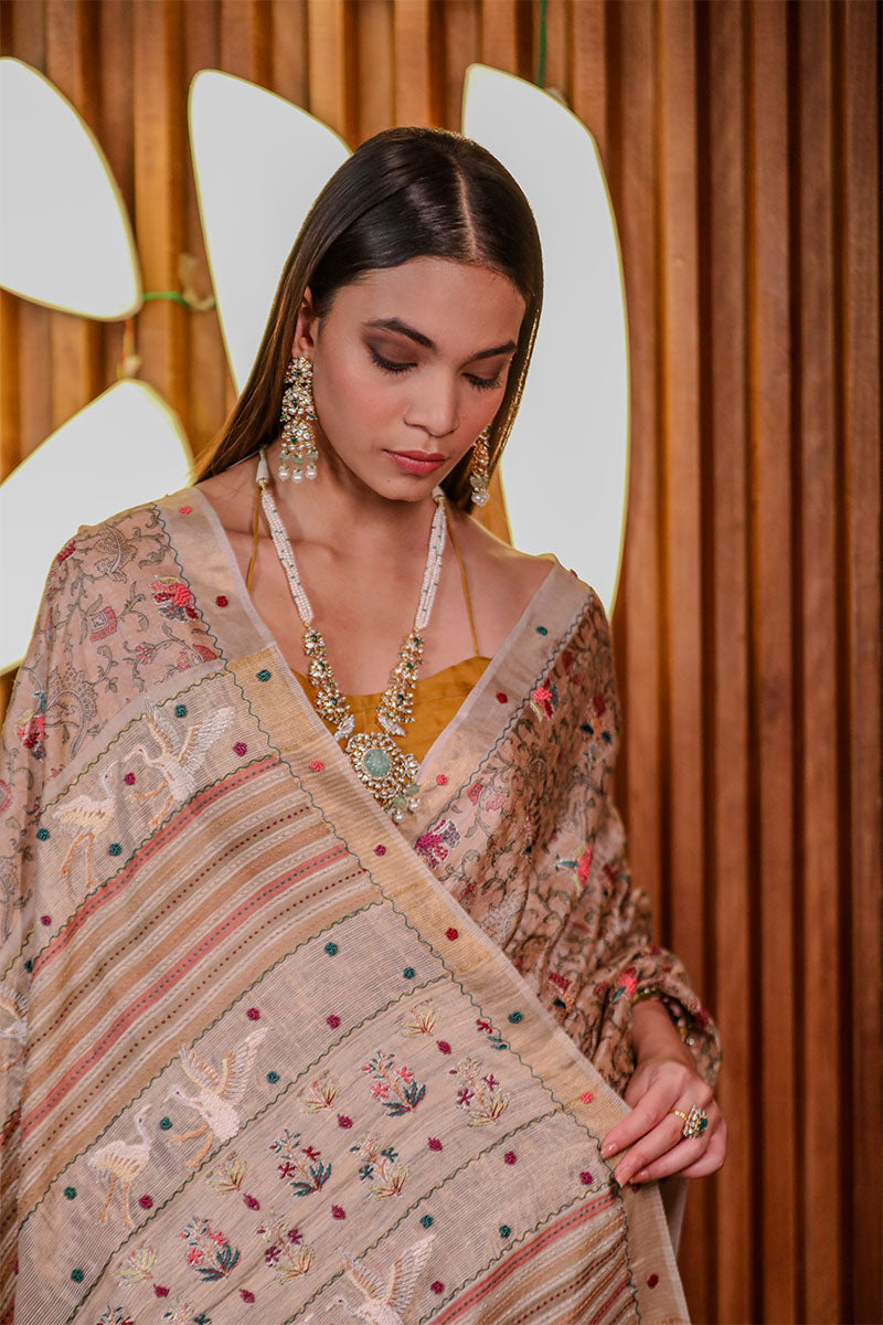 Tan Beige Embellished Tussar Silk Saree - Chinaya Banaras