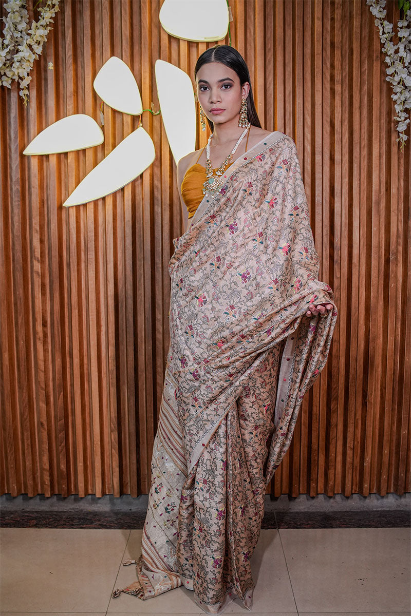 Tan Beige Embellished Tussar Silk Saree - Chinaya Banaras