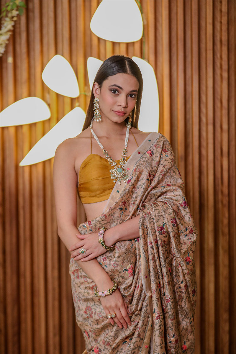 Tan Beige Embellished Tussar Silk Saree - Chinaya Banaras