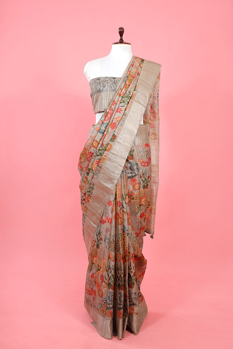 Grey Printed Silk Saree By Chinaya Banaras