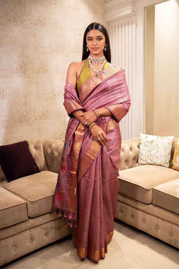 Mauve saree, Tussar saree, silk saree, handloom saree, party wear saree, indian saree