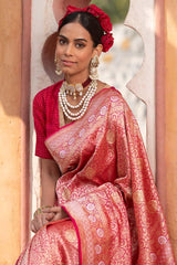 Rosegold Gleam Pink Kadhwa Weave Banarasi Silk Saree - Chinaya Banaras