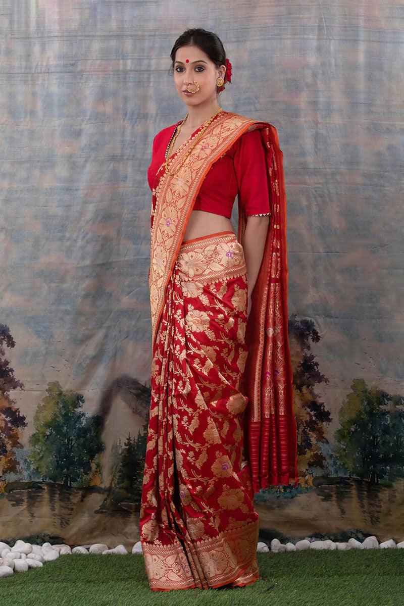 Women In Red Banarasi Silk Saree at Chinaya Banaras