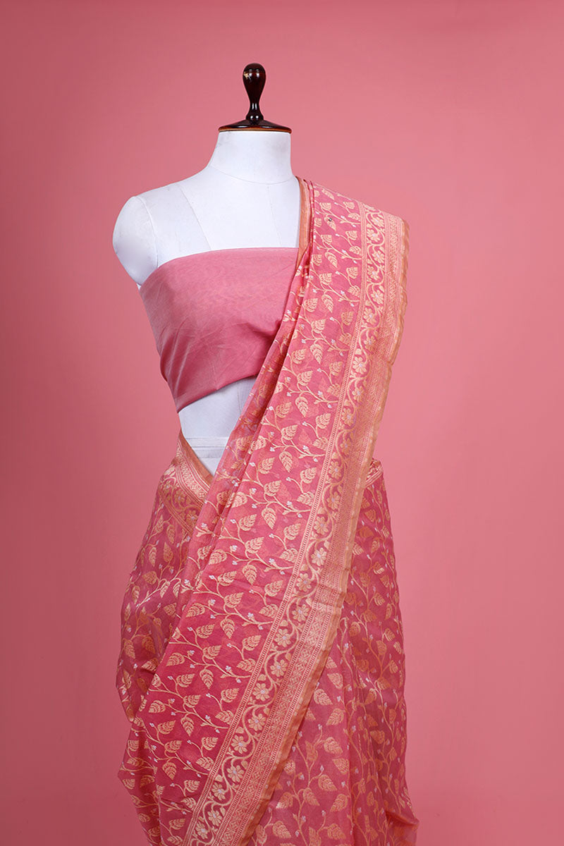Aqua Blue Cotton Saree With Resham Floral Jaal