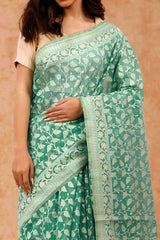 Aqua Blue Cotton Saree With Resham Floral Jaal