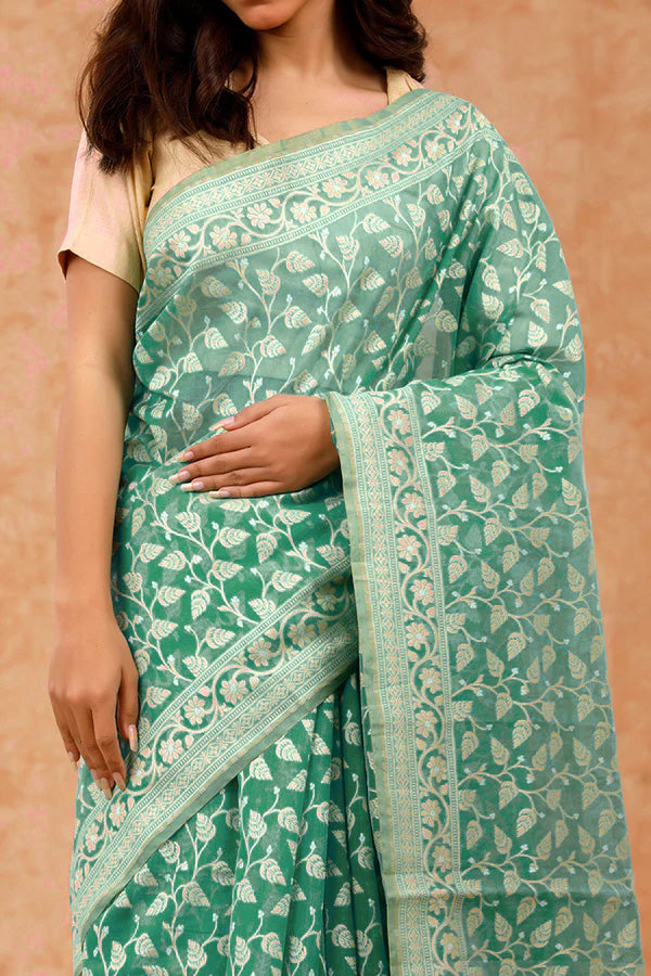 Aqua Blue Cotton Saree With Resham Floral Jaal