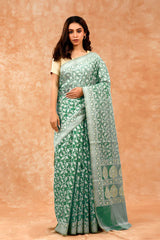 Aqua Blue Cotton Saree With Resham Floral Jaal
