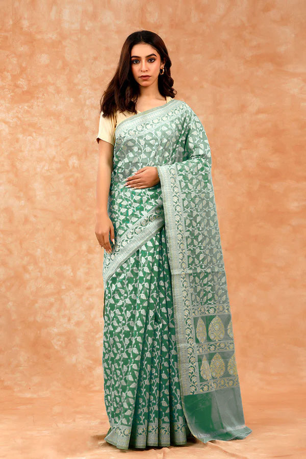 Aqua Blue Cotton Saree With Resham Floral Jaal