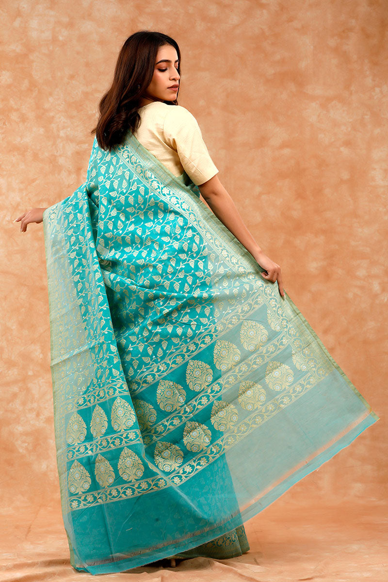 Aqua Blue Cotton Saree With Resham Floral Jaal