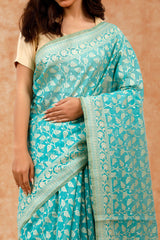 Aqua Blue Cotton Saree With Resham Floral Jaal