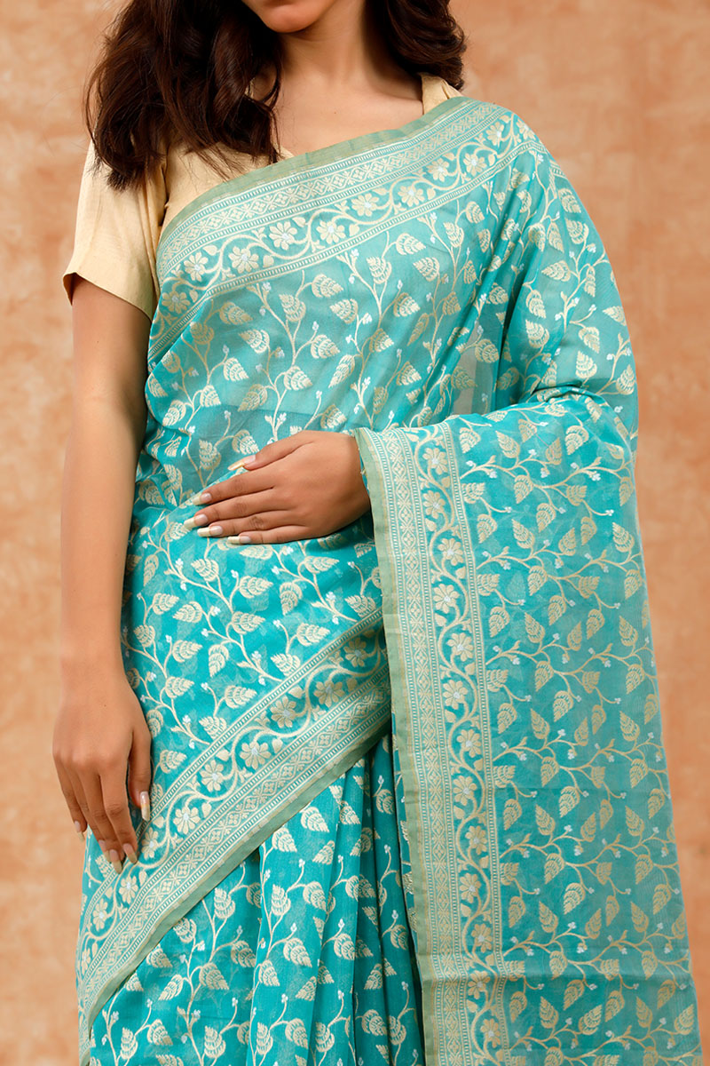 Aqua Blue Cotton Saree With Resham Floral Jaal