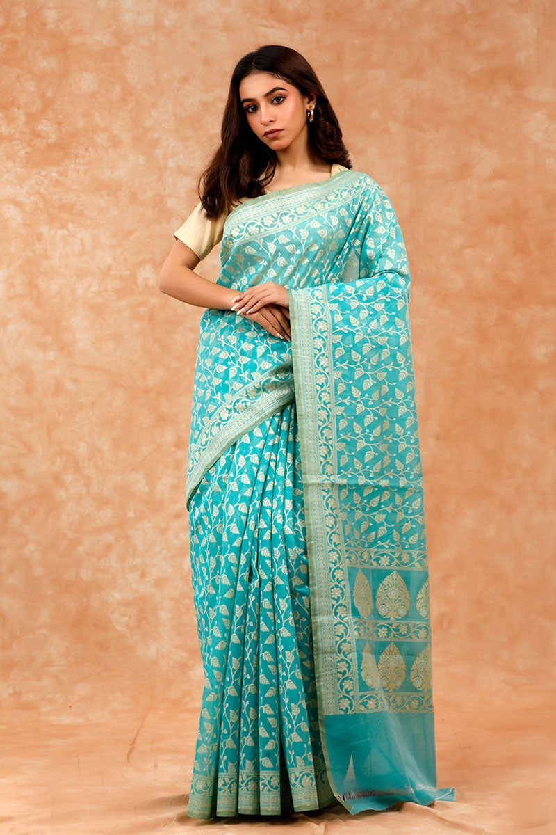 Cotton saree, Banarasi Cotton Saree, sky blue Saree, cotton Banarasi saree