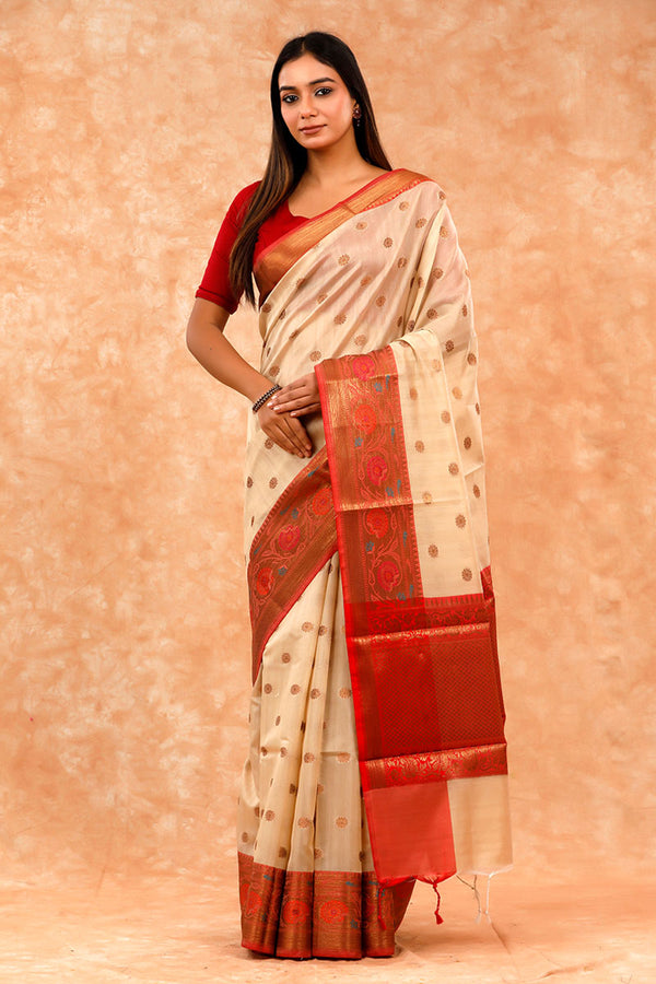 White Banarasi Cotton Saree By Chinaya Banaras