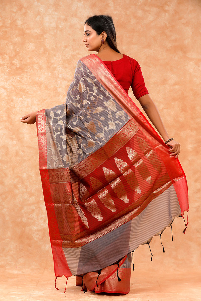 Charcoal Grey Ethnic Woven Banarasi Cotton Saree