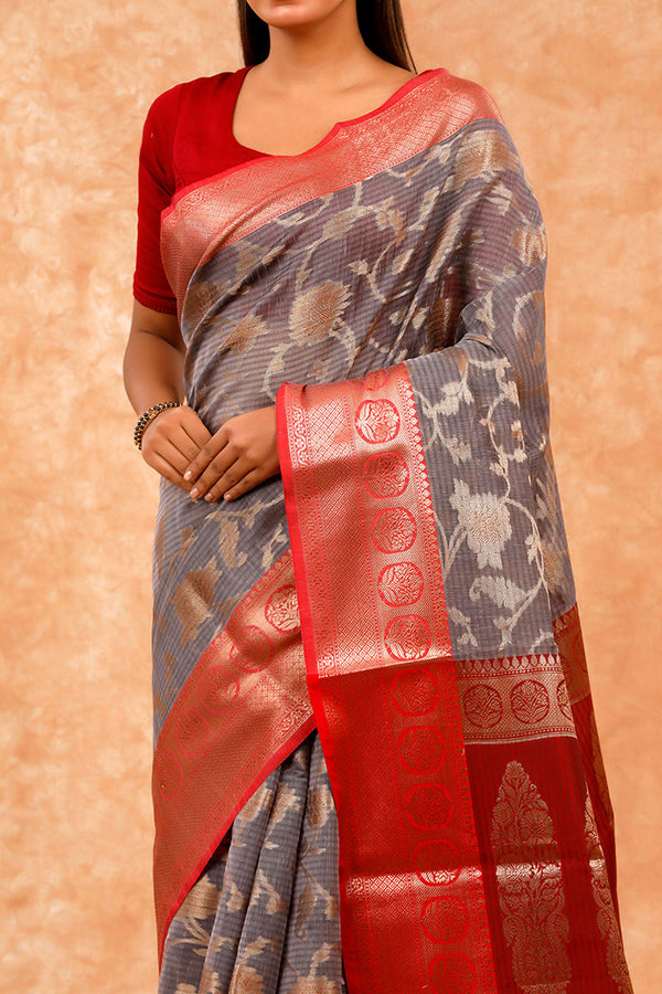 Charcoal Grey Ethnic Woven Banarasi Cotton Saree