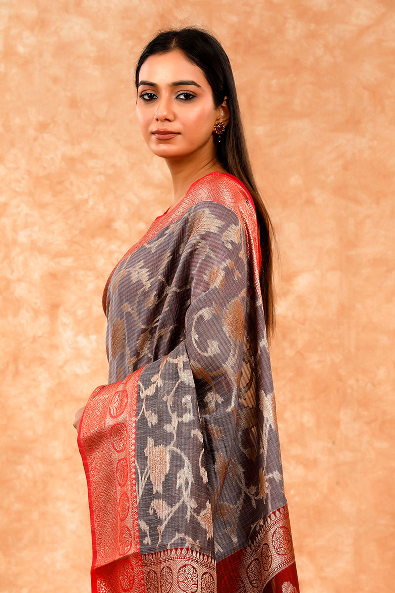 Charcoal Grey Ethnic Woven Banarasi Cotton Saree