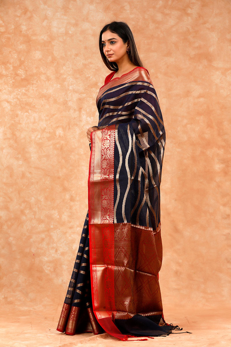 Navy Blue Striped Woven Banarasi Cotton Saree